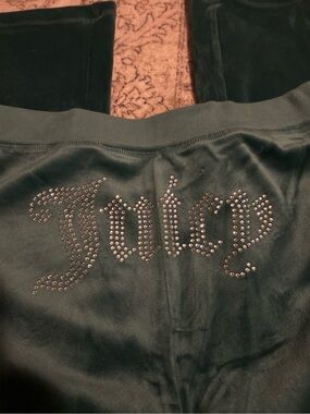 Juicy Couture Tealish greenish Velvet Rhinestone Logo Flare Pants Size Small Y2K